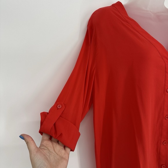 Alice + Olivia Sz L Red Silk Roll Tab Sleeve V Neck Classic Blouse Career Office - Picture 8 of 12